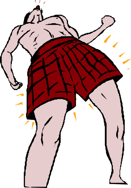 The image shows a cartoon of an animated man with red hair wearing plaid shorts standing on his head while holding onto it for support; he is depicted in profile view against a black background.