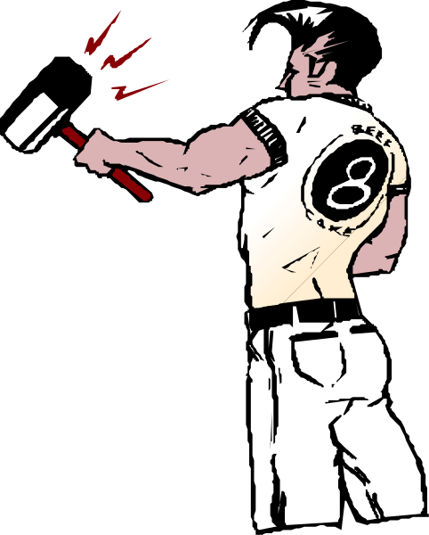 The black and white illustration shows a person holding an axe with their right hand raised above them as if ready to strike something off-frame.