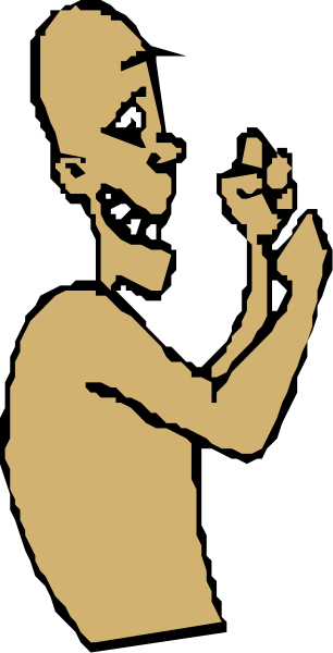 The image shows a cartoon of an animated character with exaggerated facial features making a gesture that could be interpreted as pointing at something off-camera to its right while standing in front of what appears to be a window, possibly on a building facade.