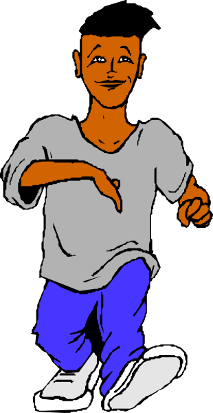 The cartoon shows a man with an exaggeratedly large head running on his tiptoes while wearing blue jeans; he is depicted in black-and-white line drawing form against a dark background.