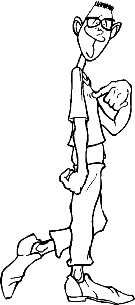 The black and white illustration shows a cartoon character standing with hands on hips against a dark background; no other details can be discerned due to low resolution.