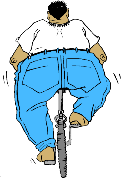 The cartoon shows a person sitting on top of jeans while riding a bicycle with their legs crossed over each other; it's black & white clip-art image
