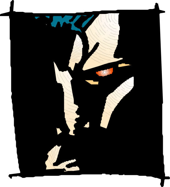 The image shows a black and white stylized illustration of an animated character with red eyes that appears to be from Star Wars franchise, set against a dark background.