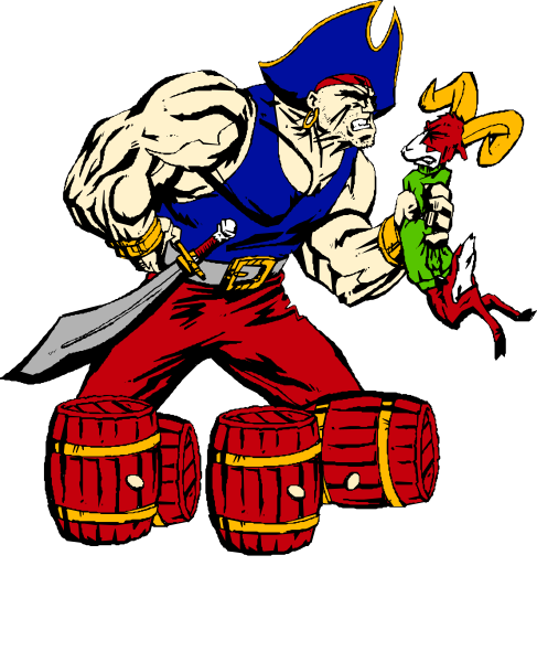 The black and white illustration features a muscular man with an exaggeratedly large bicep holding two kegs of beer on his shoulders while standing next to another figure that appears to be a pirate, who is also carrying barrels but has one hand raised as if in greeting or celebration.