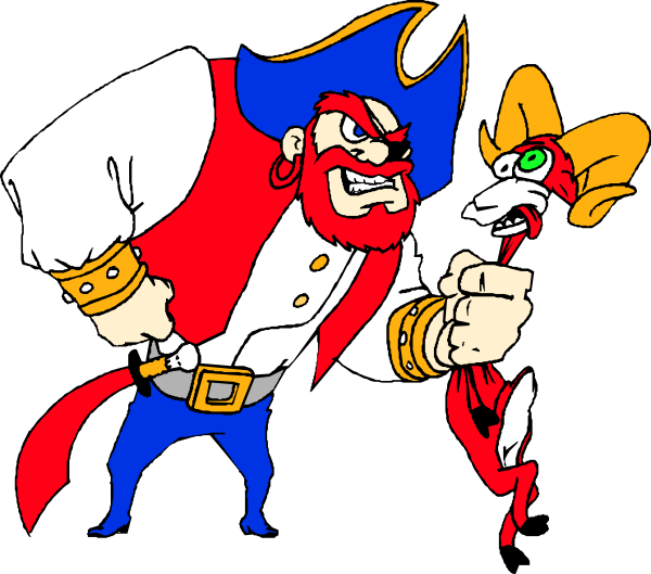 The image shows two animated characters: a man with red hair wearing blue pants holding his fist up to another character's face who is also animate male figure in pirate attire including a hat and sword, standing on what appears to be a ship deck at nighttime under clear skies.