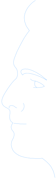 The image shows a black and white photo of an individual's face with blue lines overlaying it to create a digital effect that makes them appear as if their head is made up of smaller images within one larger frame, giving depth perception through perspective distortion.