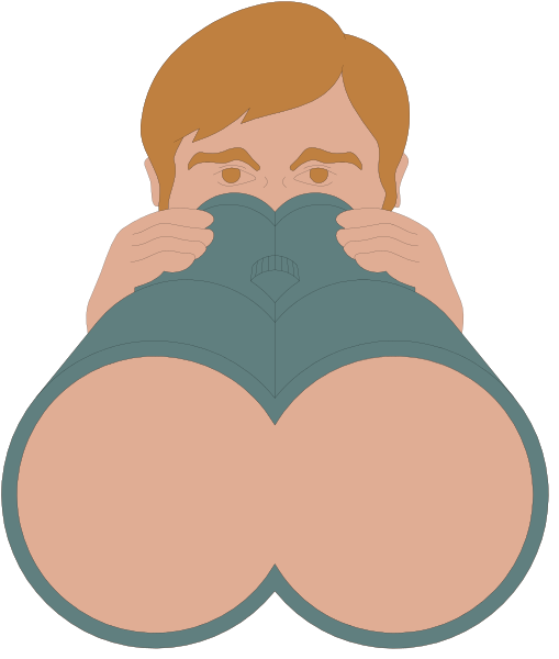 The illustration shows a cartoon character peeking through binoculars at an exaggeratedly large pair of butt cheeks that appear to be sticking out from behind them.