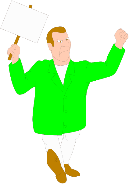 The cartoon shows a man holding up a sign with his right hand while walking to the left on what appears to be an escalator in a public building; he is wearing white pants, brown shoes, and has short hair.