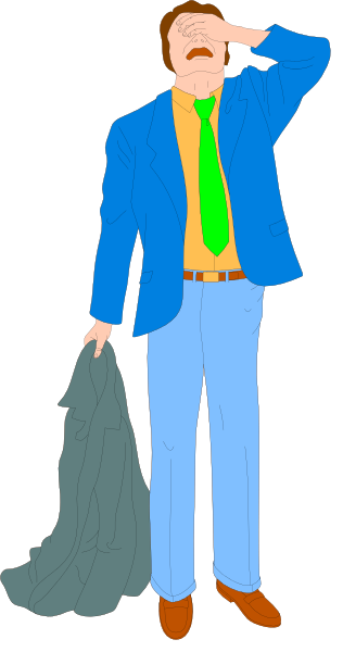 The illustration shows a man standing with his hand on his head while looking upwards to the right side of an image frame; he is wearing blue pants, brown shoes, a green tie, yellow shirt, and has dark hair. He appears surprised or puzzled by something off-frame.
