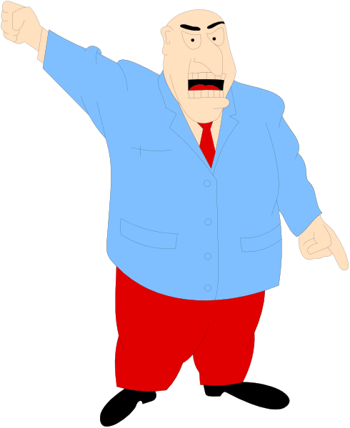 The cartoon shows a man with an exaggeratedly large head pointing to his left while standing on what appears to be a stage in front of microphone stands; he is wearing red pants and has short hair, giving him a somewhat stern expression.