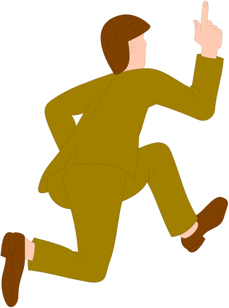 The image shows a cartoon of an animated man running with his right arm extended forward as if pointing at something off-screen while wearing brown shoes in black silhouette against white background.