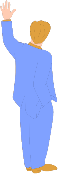 The image shows a cartoon of an animated man waving from behind what appears to be a door frame with his right hand while standing in front of it; he is wearing blue clothing that suggests business attire, and there's no visible background detailing setting or environment beyond this figure.