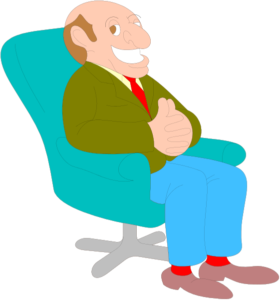 The cartoon shows a man sitting on an office chair with his arms crossed over his chest while wearing glasses; he is smiling slightly at someone off-camera to his left side of the image.
