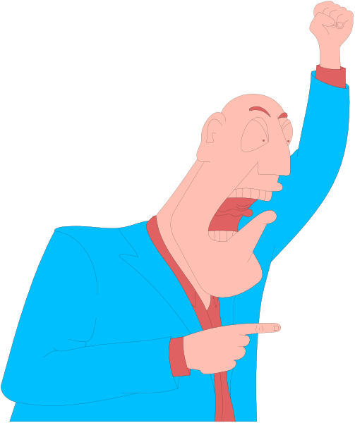 The image shows a cartoon character with an exaggerated expression of surprise or shock on his face; he is pointing upwards towards something off-frame while standing in front of what appears to be a dark background, possibly indicating that this could be part of a larger scene not visible here.