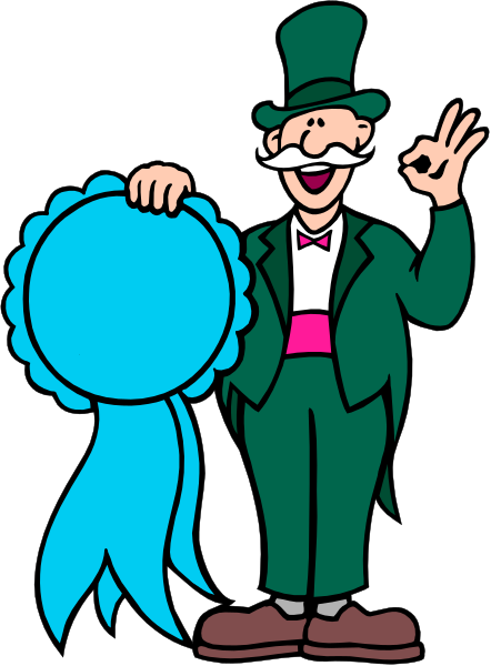 The image features a cartoon character dressed as Uncle Sam holding up an award ribbon with his left hand while standing on what appears to be a stage; he is wearing green pants, white shoes, blue shirt, and has a beard and mustache.