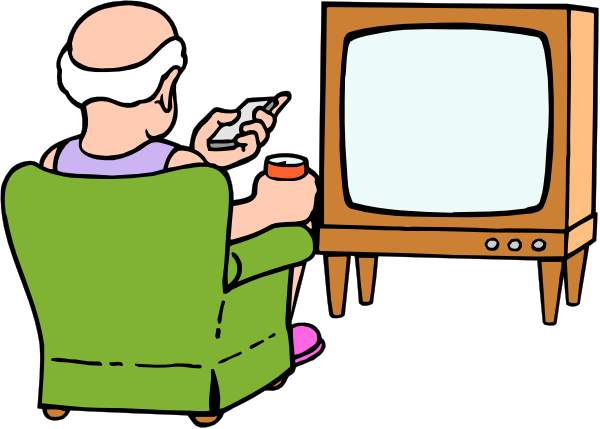 The cartoon shows a man sitting on an armchair with his feet up watching television while holding a remote control; next to him is another person who appears to be asleep in bed.