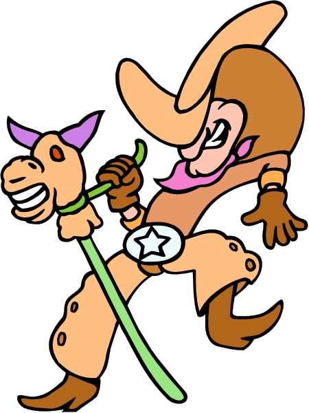 The cartoon depicts a character dressed as an old western cowboy riding on top of a horse with horns while holding a lasso in one hand.