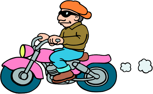 The image shows a cartoon of two motorcycles with riders on them; both characters appear to be male wearing orange hats riding pink bikes in front of each other against a black background.