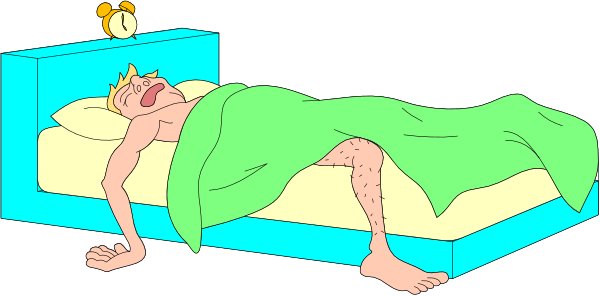 The cartoon shows a man lying on an unmade bed with green sheets; he is wearing boxers and has his arms behind him as if in exhaustion or surrender to sleepiness.