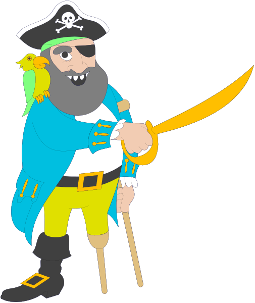 The illustration features a cartoon character dressed as Captain Jack Sparrow from Pirates of the Caribbean holding an orange parrot on his shoulder while standing with one hand resting against his hip and another gripping a sword, all set within a simple black background that does not provide any additional context or setting.