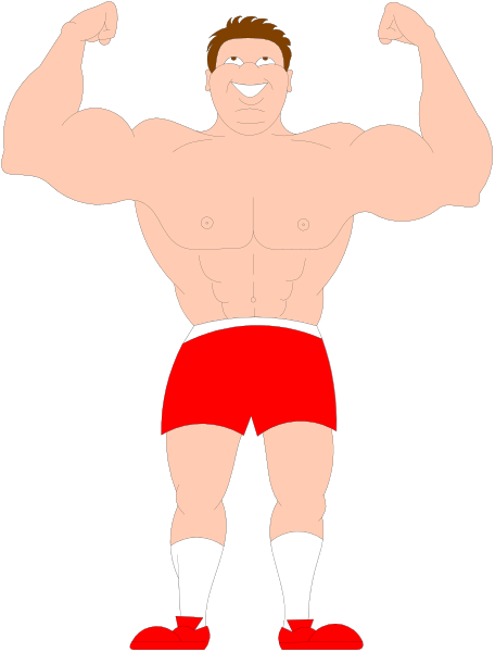The image shows a cartoon of an exaggeratedly muscular man with red shorts standing upright against a black background; he is flexing his muscles while wearing white socks and shoes.