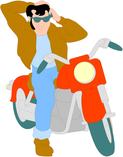 The cartoon depicts a man on a motorcycle with sunglasses riding down an unseen roadway.