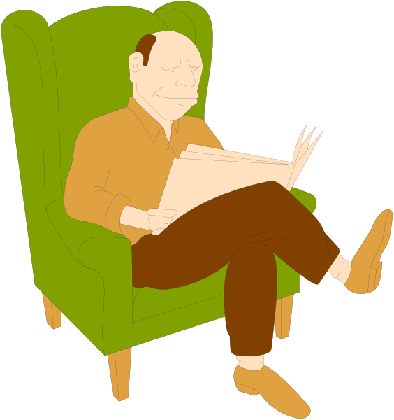 The image shows a man sitting on an armchair reading newspapers with his legs crossed over each other; he is wearing brown pants and has short hair.
