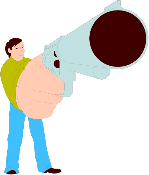 The illustration shows a person holding an old revolver with their right hand while pointing it towards something off-frame to the left of them; there is no text present in this image.