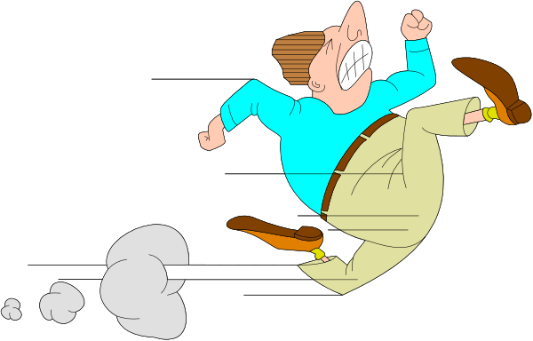The cartoon shows a man running away from an explosion with his arms outstretched for balance; he is wearing brown pants and shoes.