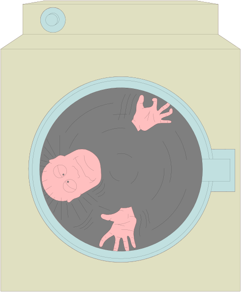 The illustration shows a cartoon of an open washing machine door with two hands reaching out from inside it as if trying to grab something outside.