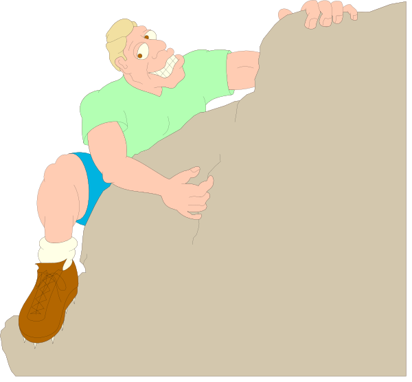 The cartoon shows a man climbing up an inclined surface with his hands on it; he is wearing shorts and boots while holding onto what appears to be rocky terrain for support during this activity.