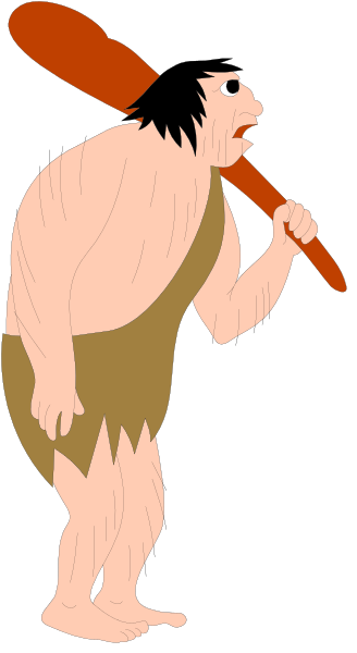 The image shows a cartoon of an indigenous person holding two spears while standing on what appears to be grassy ground with trees in the background.