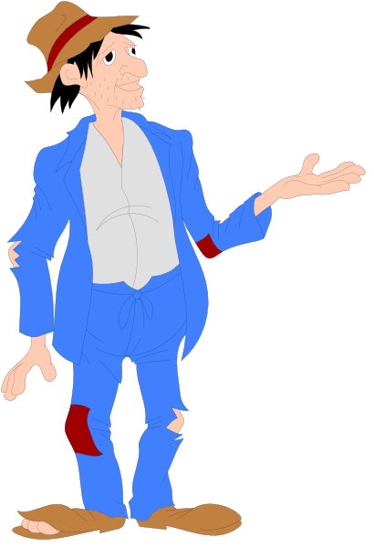 The cartoon shows a man with an exaggeratedly large head standing against a plain background; he is wearing blue overalls, has one hand on his hip while gesturing towards something off-frame, wears no shoes and appears to be in mid-conversation or explanation.