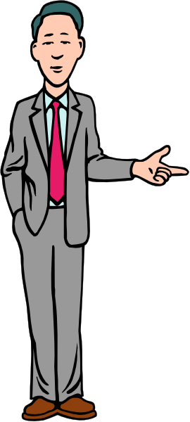 The image shows a cartoon of an adult male figure standing with his arms outstretched against a plain background; he is wearing a suit jacket over a striped shirt, has short hair, and appears to be gesturing towards something off-frame.