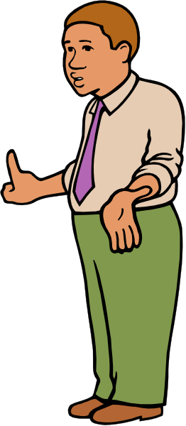 The image shows a cartoon of an animated man standing with his hands on hips against a black background; he is wearing green pants and has short hair.
