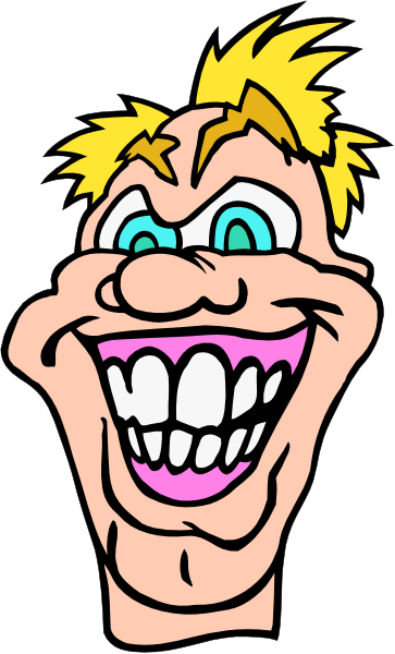 The image shows a cartoon of an animated character with exaggerated facial features such as large eyes and teeth, wearing what appears to be a wig that is styled like blonde hair on top but has darker roots showing through in some areas.