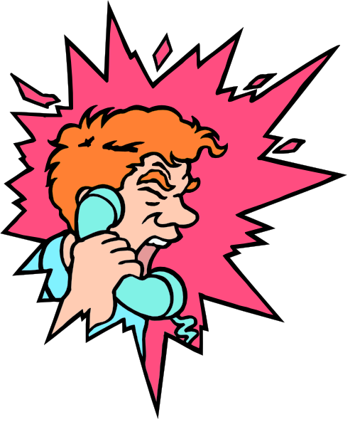 The image shows a cartoon of an animated man with red hair holding his hand to his ear as if he's talking on a phone while standing in front of pink explosion graphics that suggest surprise or excitement.