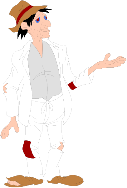 The image shows a cartoon of an animated character who appears to be male with exaggerated features such as large eyes and hands that seem disproportionately small compared to his body size. He is wearing white clothing, including what looks like a shirt without sleeves or buttons visible on the front, pants rolled up at the bottoms, revealing bare legs, and no shoes are shown. The character has dark hair with some graying around the temples, styled in an unkempt manner that falls over his forehead to one side of his face. He is also wearing a straw hat tilt