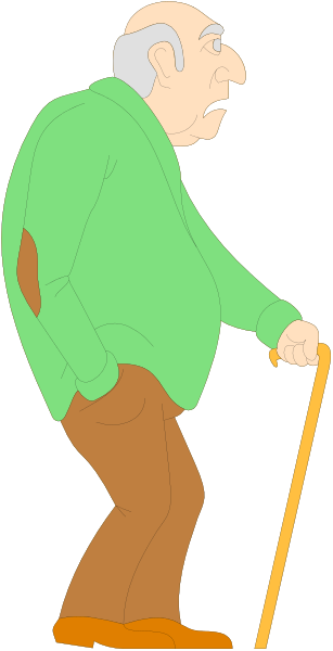 The image shows a cartoon of an elderly man with white hair wearing glasses standing next to him is another figure that appears to be his wife; she has brown hair and wears blue clothing. They both have green shirts, suggesting it might represent springtime or nature theme in their attire.