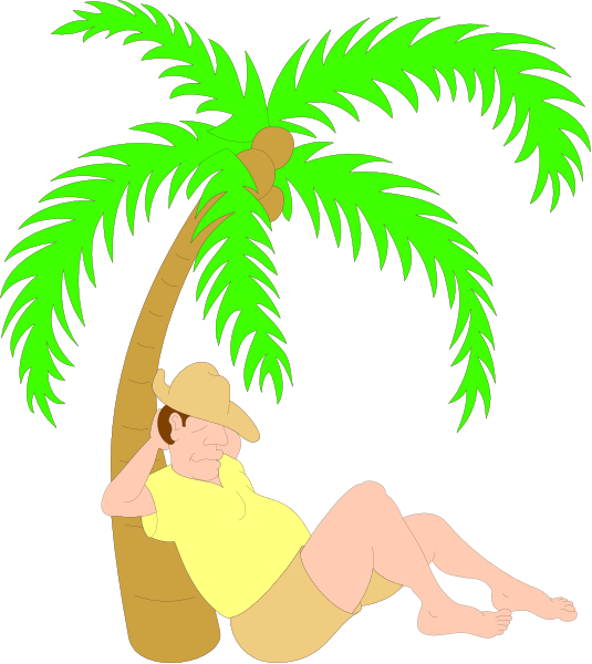 The illustration shows a person lying on their stomach under an artificial palm tree with sunglasses over eyes, wearing shorts and hat; it's set against black background.