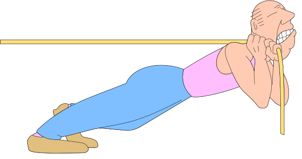 The cartoon shows a man doing an exercise with his hands on two parallel bars while lying face down; he is wearing blue jeans and has one leg raised in the air behind him as if it's bent at the knee, suggesting movement during this activity.