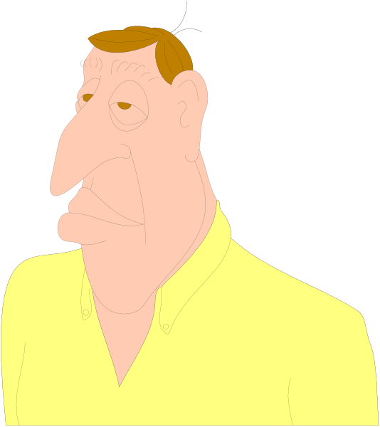 The image shows a cartoon of an older man with glasses wearing a yellow shirt standing against a black background; he has gray hair on his head and is looking to one side without smiling.