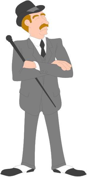 The image shows a cartoon of an older man dressed as Sherlock Holmes standing with his hands on hips against a black background.