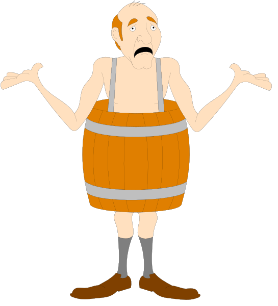 The cartoon depicts a man with an exaggeratedly large barrel for a body standing on two legs; he has his arms outstretched as if gesturing to someone off-camera while looking upwards, and appears surprised or confused by something not visible in this image.
