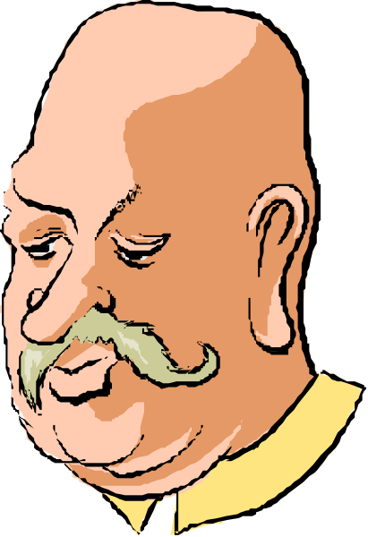 The black and white illustration shows a man with mustache drawn on his face; he is balding atop his head and has sideburns that extend down to just above his shoulders. He wears glasses, which have thick frames around them. His facial expression appears neutral or contemplative as the eyes are closed slightly while looking directly ahead of him. The man's attire consists of a suit with no visible tie; he is wearing what seems like an undershirt underneath it and has his hands clasped together in front of him, resting on top of each other at waist level
