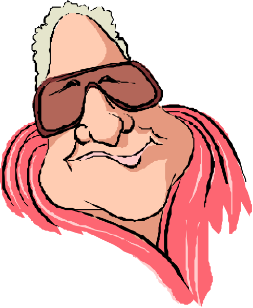 The image shows a caricature of an older man with sunglasses on his head wearing red scarf around neck, smiling broadly at camera while looking to side.
