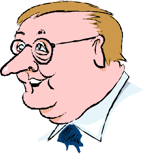 The image shows a caricature of an older man with glasses wearing a suit jacket over his shoulder, smiling broadly at something off-camera to the left side of the frame; he has white hair on top and is balding slightly in front.