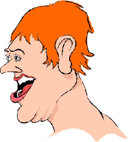 The image shows a cartoon of an elderly woman with red hair wearing glasses, who is laughing heartily while looking upwards to her right at something off-frame.