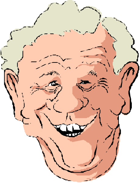 The image shows a caricature of an older man with white hair smiling broadly at something off camera; he is wearing glasses and has wrinkles on his face indicative of age.