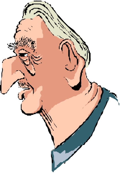The black and white illustration shows a caricature of an older man with glasses looking to his right side against a dark background.